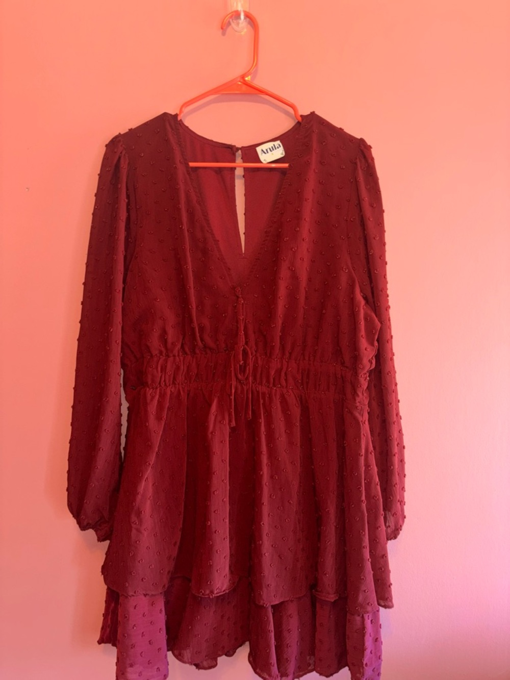 ARULA Burgundy Textured V-Neck Tiered Mini Dress